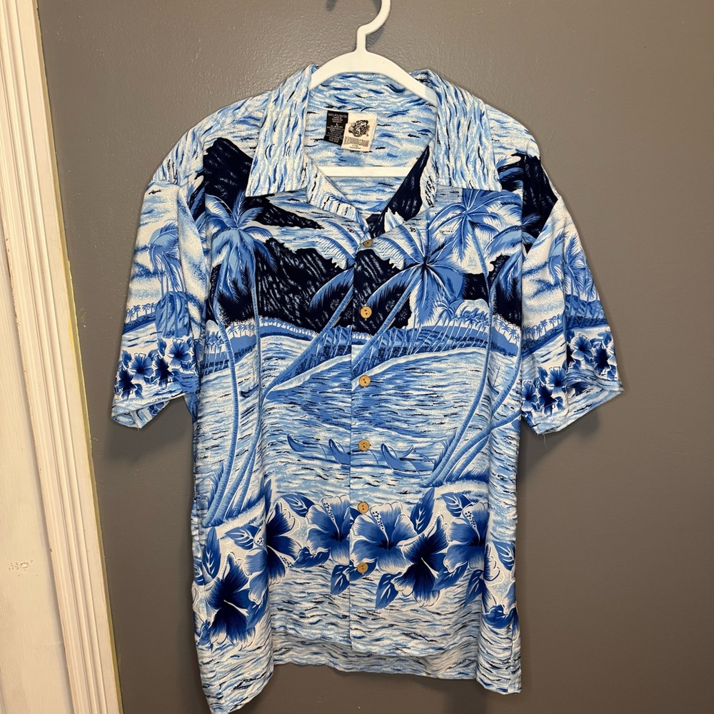 Blue Palm Print Men's Casual Shirt